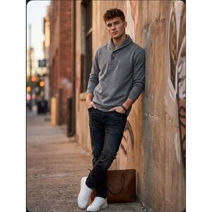 Coofandy Mens Shawl Collar Pullover Sweatshirt Gray Button Neck Size L